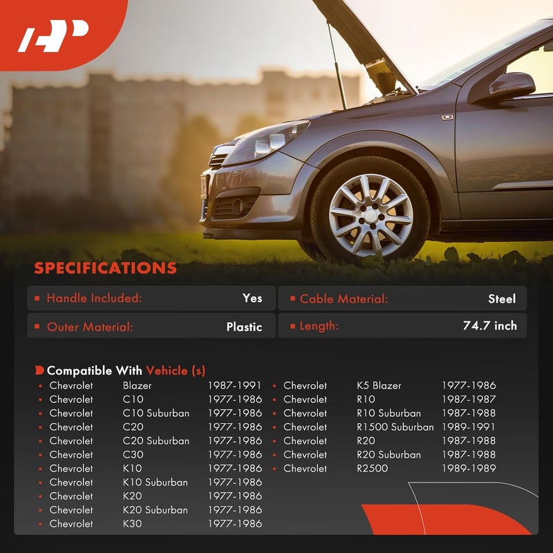 A-Premium Front Hood Latch Release Cable with Handle Compatible with Chevrolet Blazer, C10 C20 K10 K20 R10 R1500 R20 R2500 V10 V1500 V20 V2500 Suburban & GMC C1500 C2500 K15 K25 Suburban, 74.7 Inch - Image 2